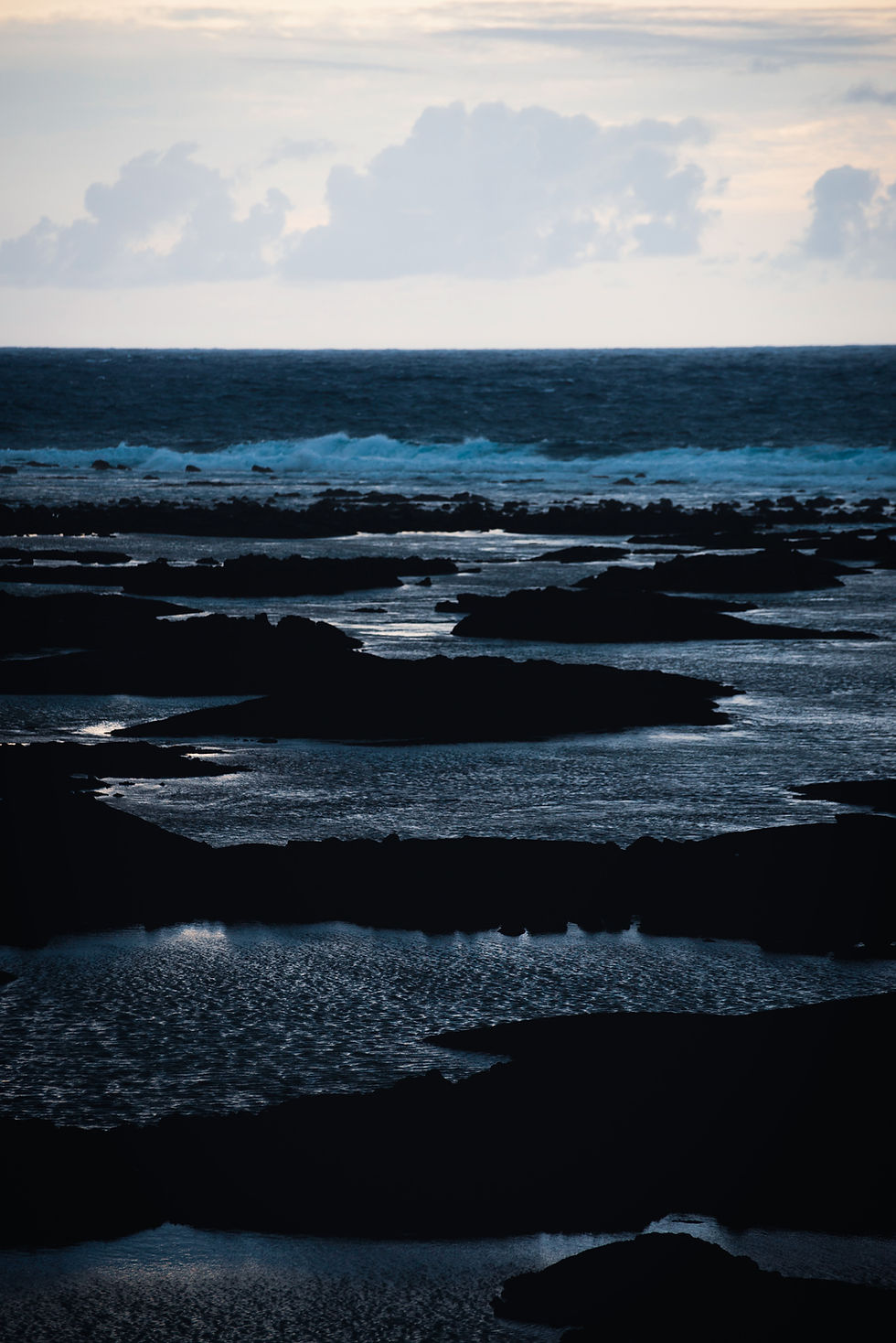 Rocky coastline with tide pools at dusk under a cloudy sky