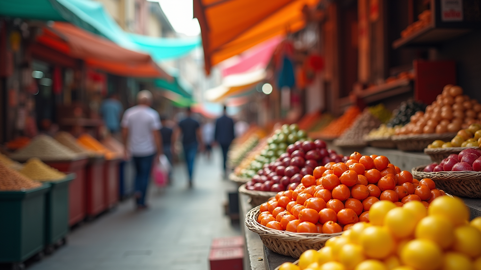 Eye-level view of a vibrant outdoor market with colorful stalls