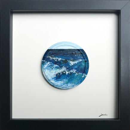 Oil painting of an ocean landscape on reclaimed jar lid by Jamie Kaplowitz Gibbons