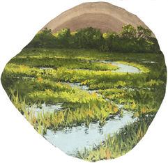 Oil painting of a marsh landscape on reclaimed wood by Jamie Kaplowitz Gibbons