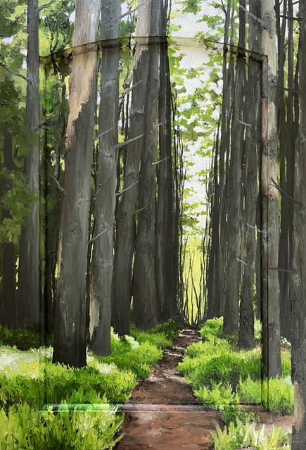 Oil painting of a path through tall trees on a reclaimed cabinet door by Jamie Kaplowitz Gibbons