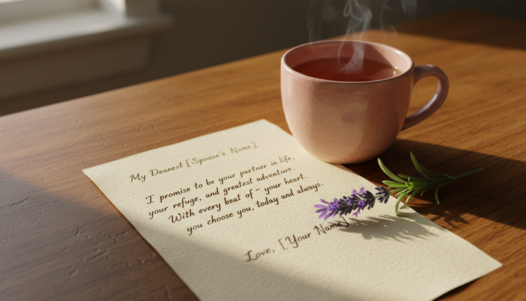 Close-up view of handwritten wedding vows on textured paper beside a cup of tea