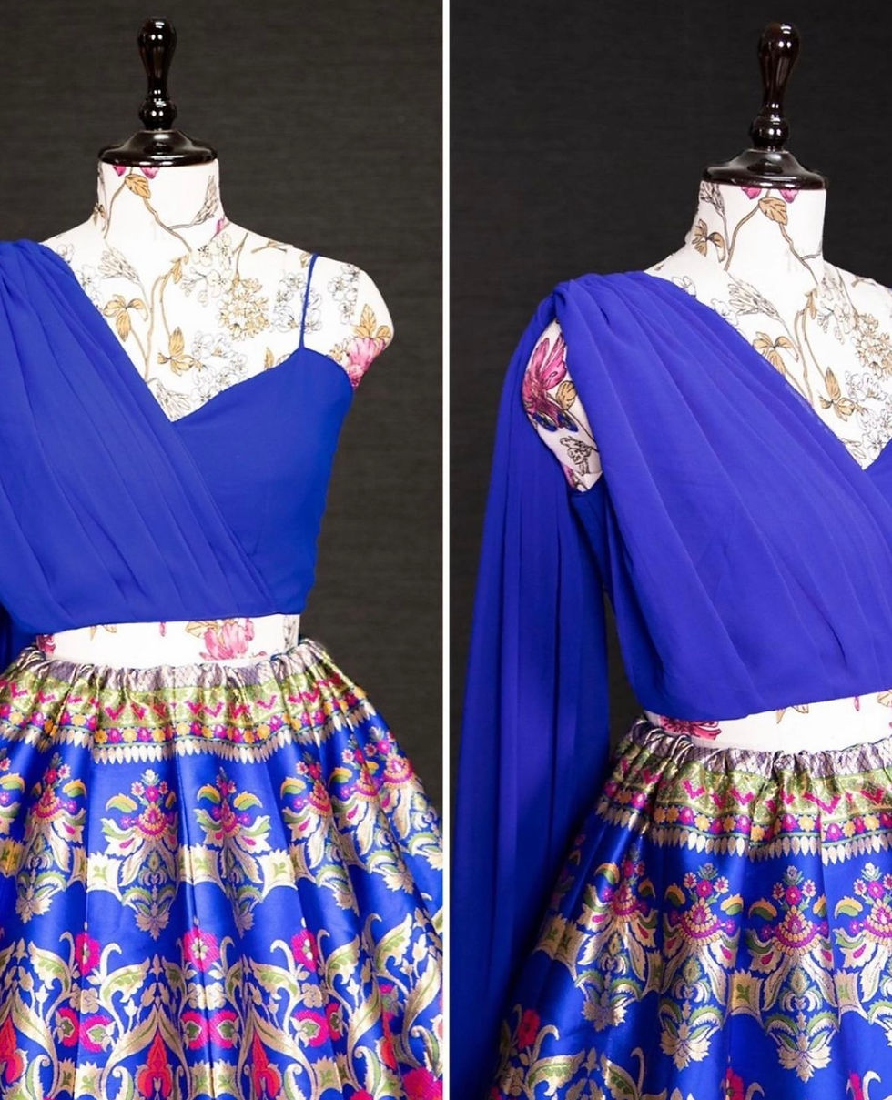 Thumbnail: Pattu off shoulder lehenga
