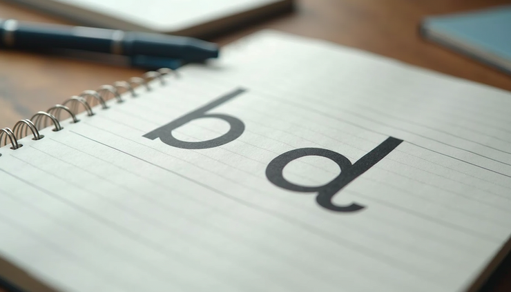 Close-up view of a child’s notebook showing reversed letters in handwriting