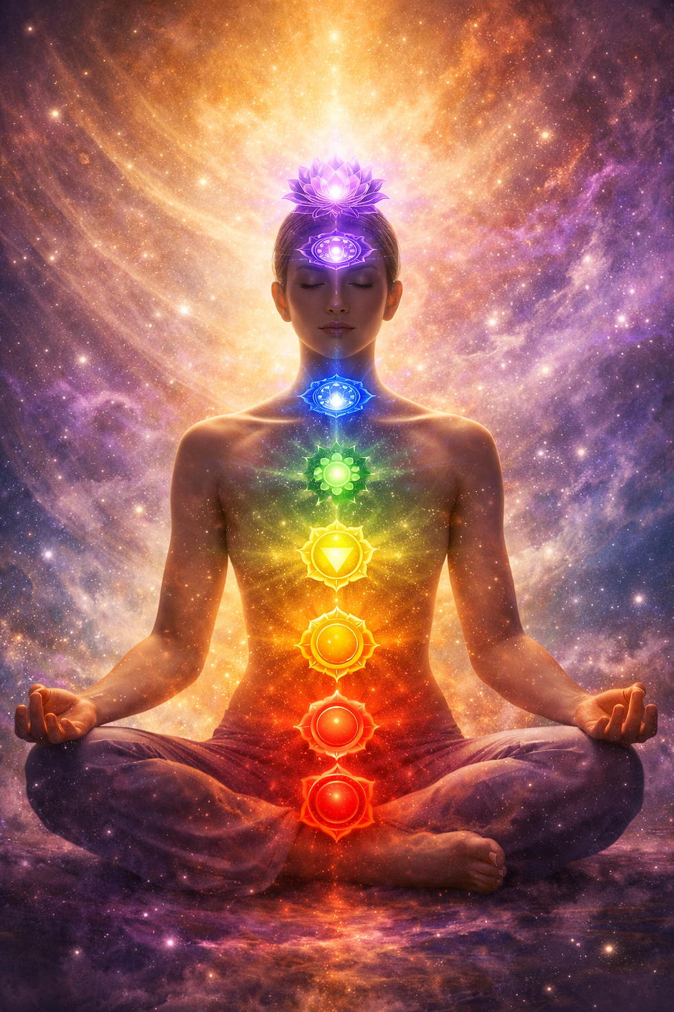 Ilustração dos 7 chakras alinhados no corpo humano mostrando os principais centros de energia