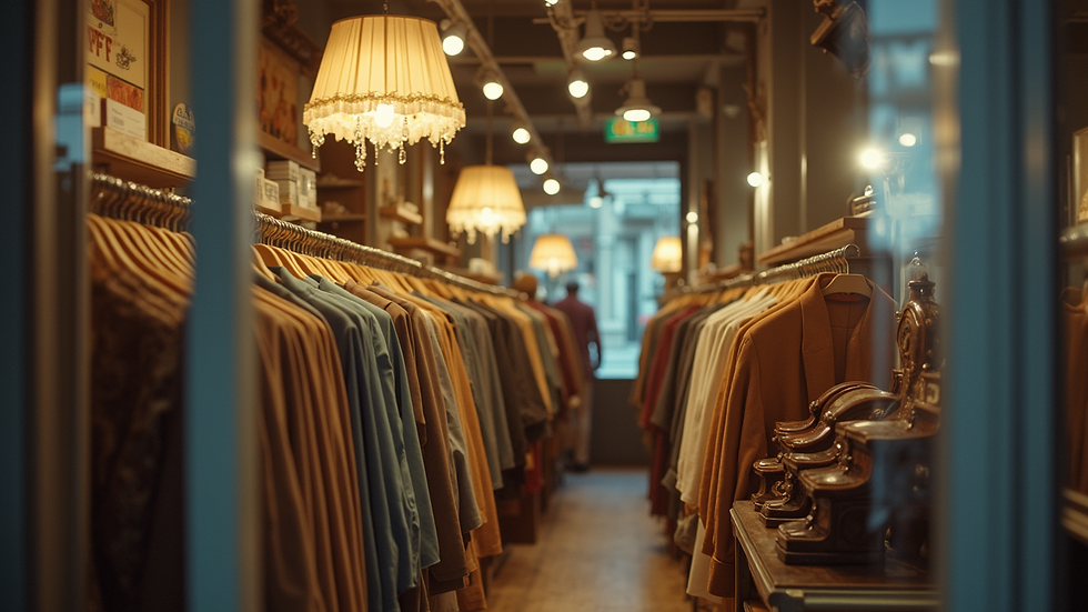 Eye-level view of a vintage clothing boutique with a retro display