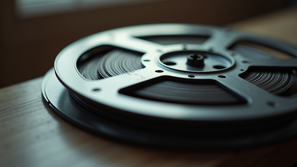 Close-up view of a vintage film reel set