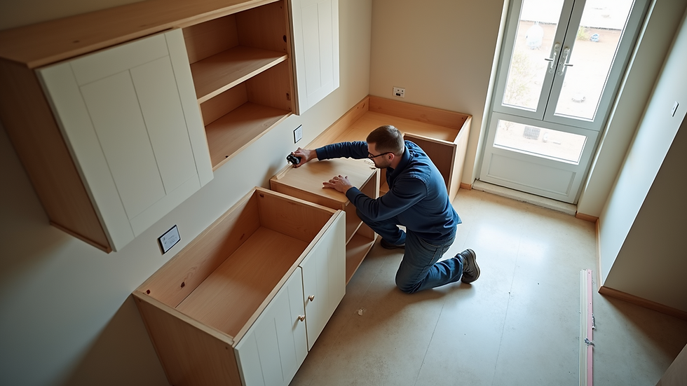 High angle view of a skilled technician installing kitchen cabinets