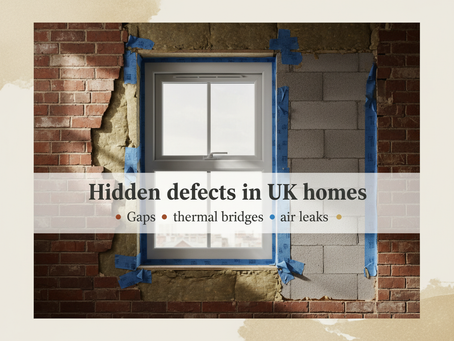 Infographic-style image showing common hidden defects in UK homes: insulation gaps, thermal bridging, heat loss, and damp and mould risk.
