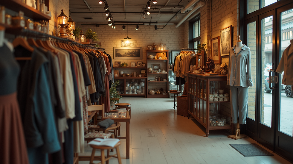 High angle view of a vintage-themed shop display with clothing and collectibles