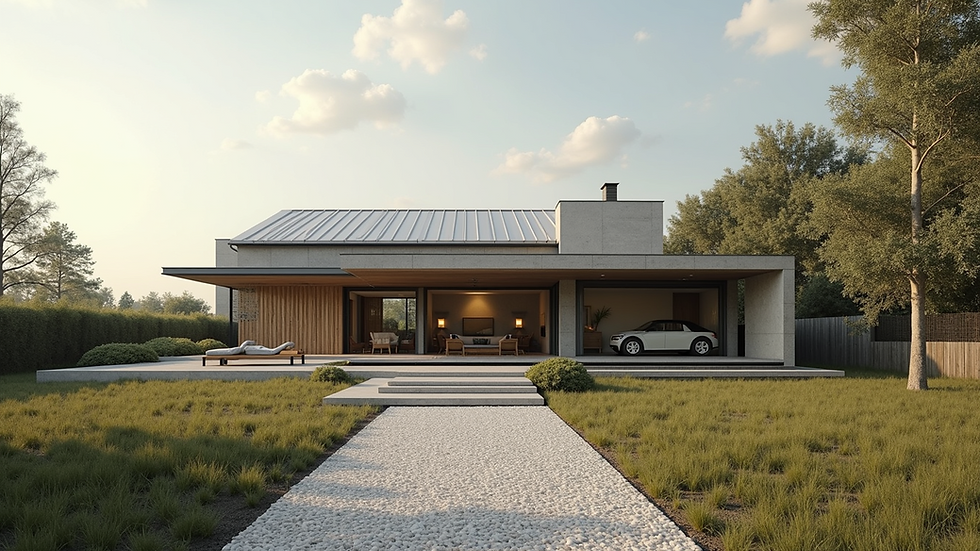 Wide angle view of a modern sustainable home exterior
