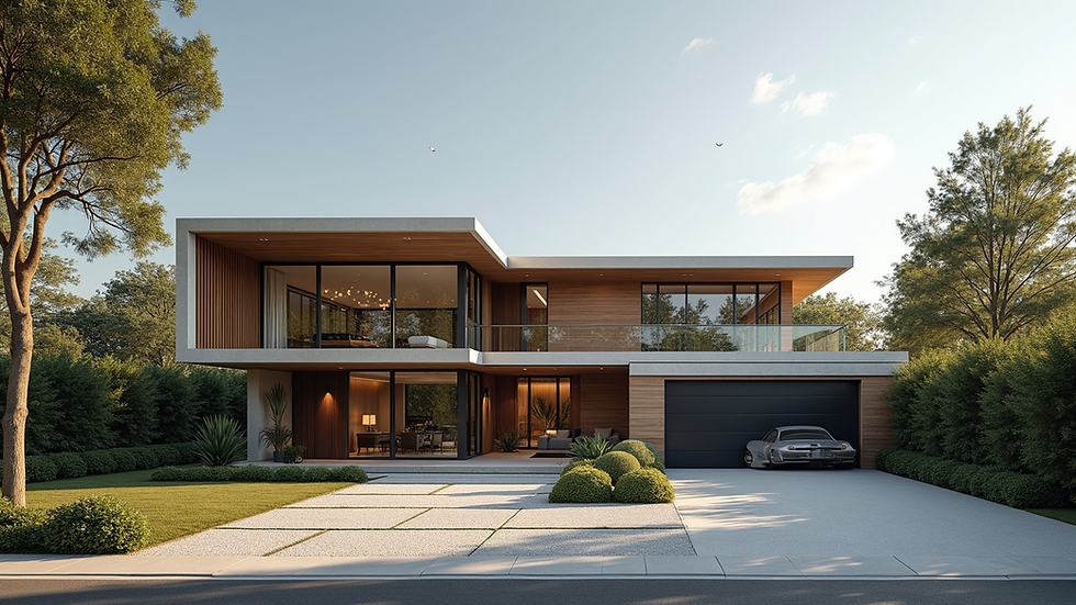 Eye-level view of a modern luxury home exterior with bespoke architectural details
