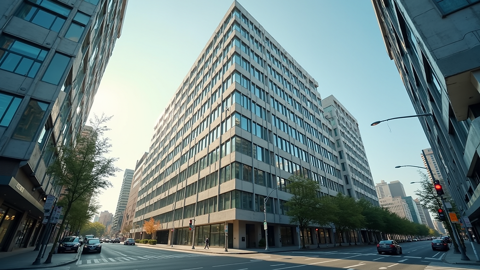 Wide angle view of a multi-story office building in an urban area