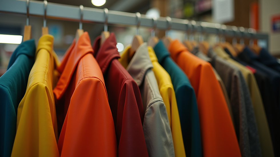 Close-up view of retro clothing rack with colourful vintage jackets