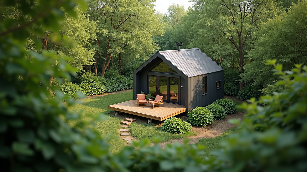 High angle view of a tiny eco-friendly home surrounded by greenery