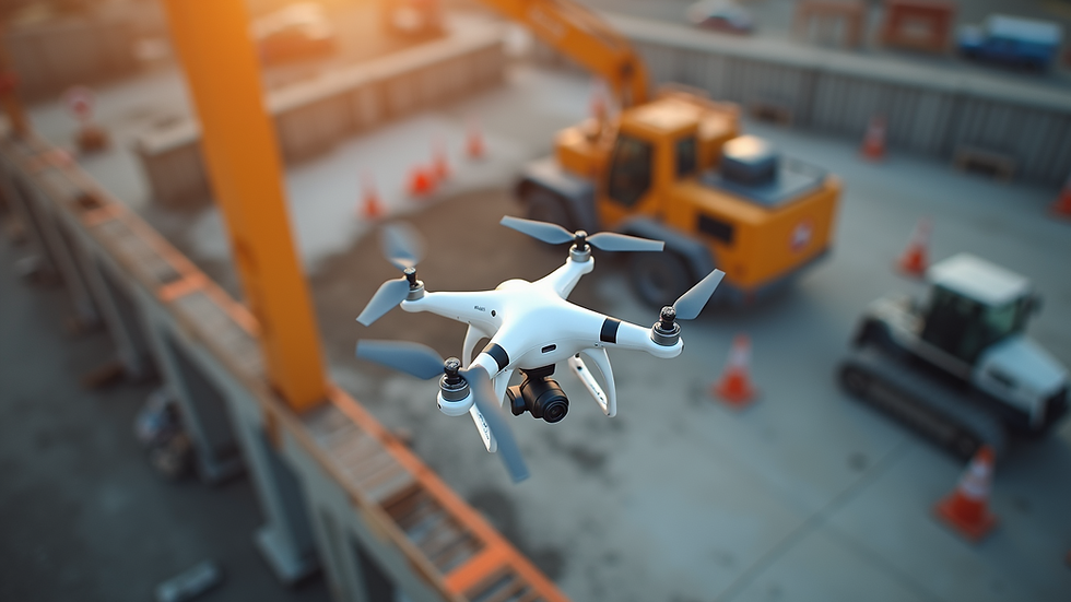High angle view of a construction site with drone monitoring