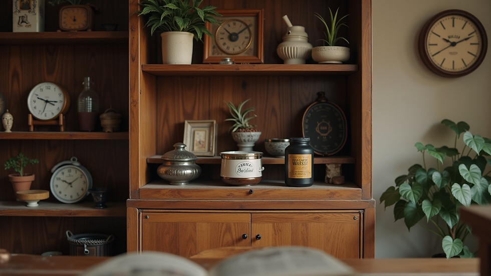 Eye-level view of vintage wooden cabinet displaying retro collectibles
