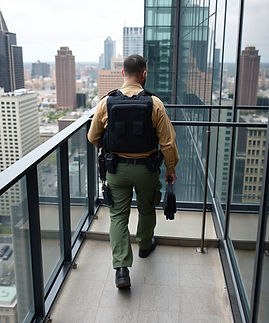 a security doing a foot patrol on a high-rise wearing green bdu pants and a tan long sleev