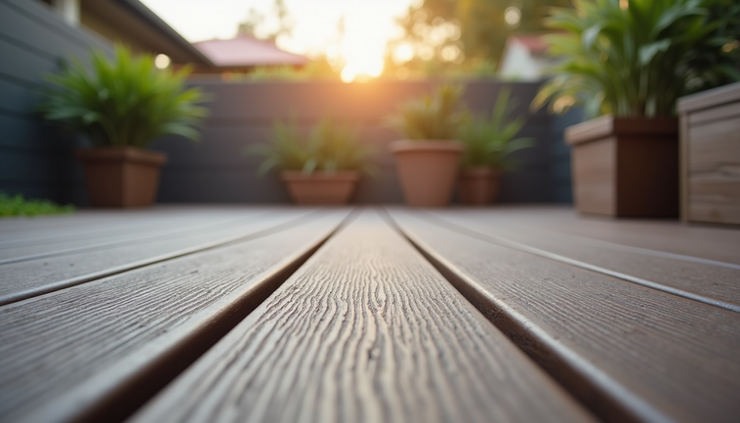 Close-up view of composite decking boards with textured surface in an outdoor Adelaide patio