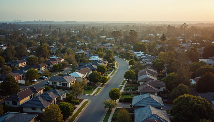 High angle view of a suburban Adelaide neighborhood with houses and trees