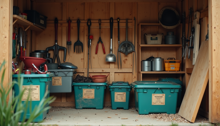High angle view of an organized garden shed with labeled storage bins and hanging tools