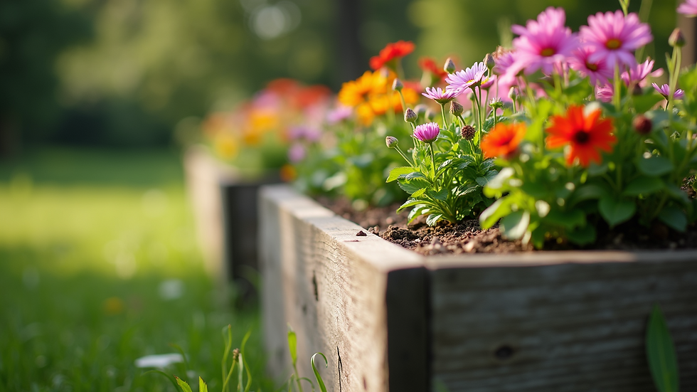 Eye-level view of a rustic wooden raised garden bed filled with blooming flowers