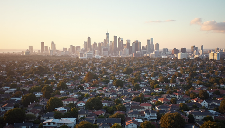 Eye-level view of Adelaide cityscape with residential homes in the foreground
