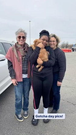 Family holding a Doodle puppy