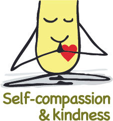 U character cartoon sitting in the lotus position, eyes closed, hands in prayer over a red heart. Self-compassion and kindness. Buzz on Being copyright happistuff Ltd 2025