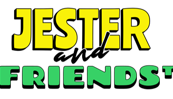 "Jester and Friends children's book series covers including Mike Takes a Bath, The Golden Rule, Ernie Stays Home, The Waiting Game, Sharing is Fun, along with Jester and Friends, The Kind Canopy, and Wonderful Day Animations logos."