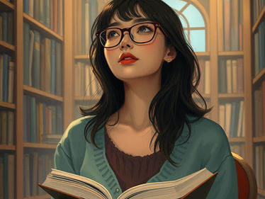 A woman with glasses reads a book in a cozy library. She's wearing a blue sweater. Shelves of books and soft light create a calm mood.