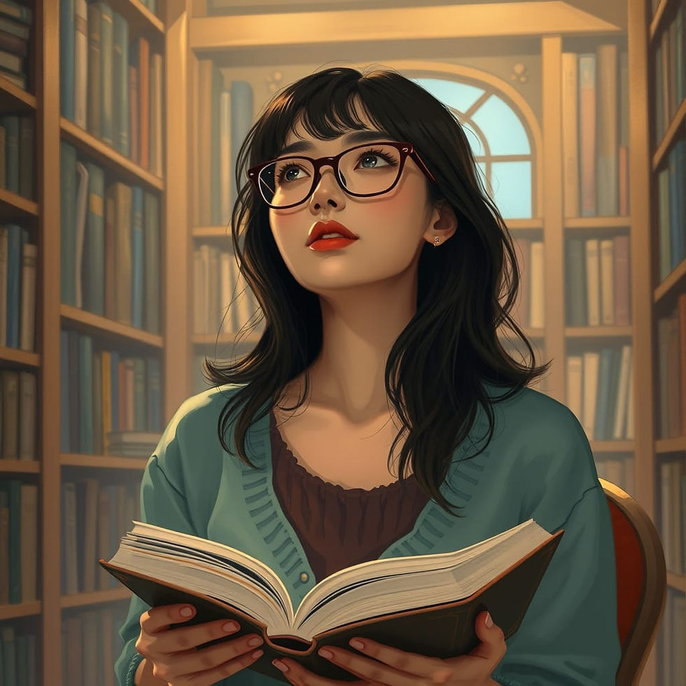 A woman with glasses reads a book in a cozy library. She's wearing a blue sweater. Shelves of books and soft light create a calm mood.