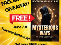 FREE eBook giveaway ad; a hooded figure on a sci-fi book cover. Bold text: "FREE! June 7-8, This weekend only, Get your FREE copy!"
