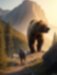 a man hiking on a mountain trail with a huge bear ahead