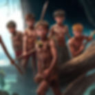 five shirtless juveniles with sticks on a beach