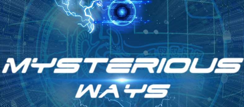 Blue sci-fi book cover with electric sparks, circuitry, and glowing orb. Text: "Jason Douglas Kurtz, Mysterious Ways, A Science Fiction Thriller."