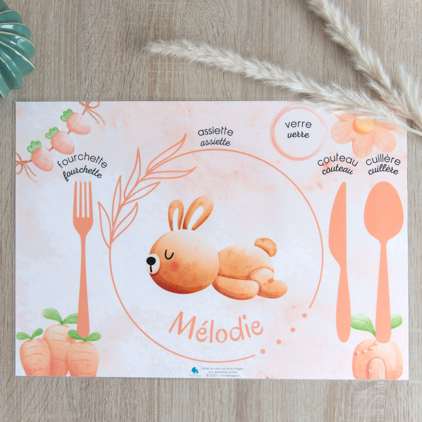 Set de table didactique lapin avec prénom personnalisable