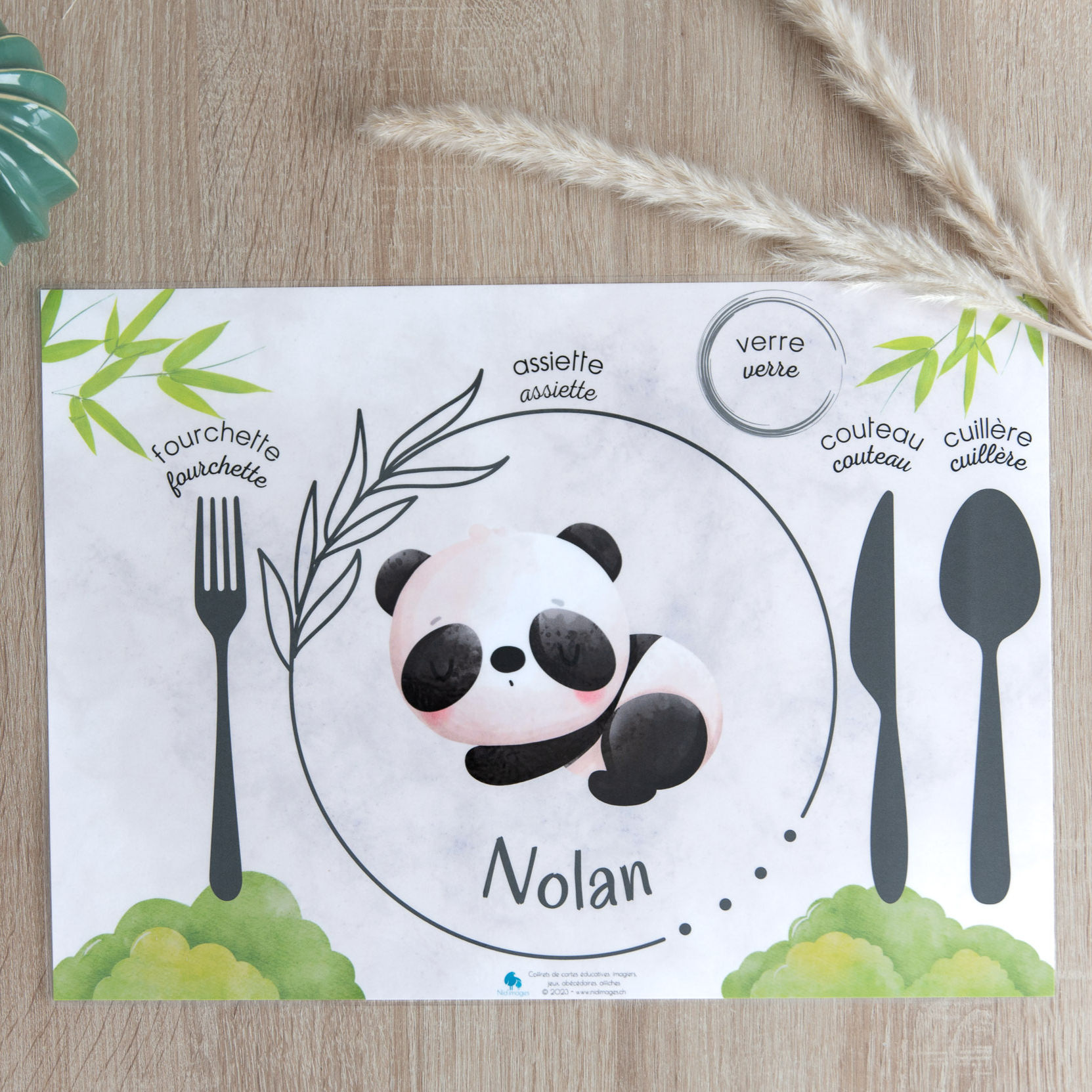set de table didactique Panda avec prénom personnalisable