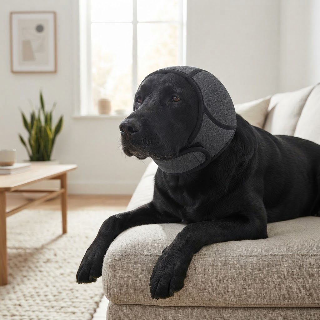 Calm dog wearing the VexPaws Calming Dog Noise Hat at home