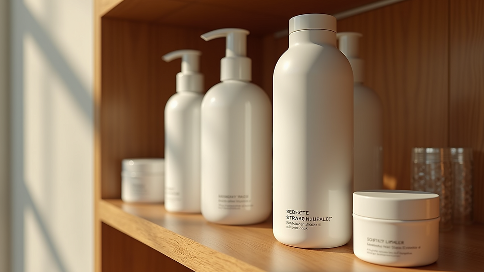 Close-up view of natural hair care products arranged neatly on a wooden shelf