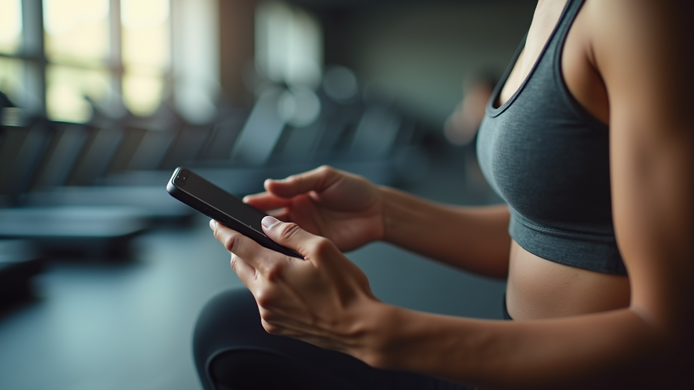 Close-up view of a person using a fitness app on a smartphone during a workout