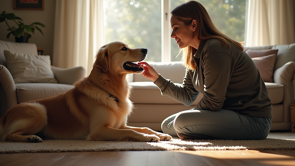 Eye-level view of a dog trainer working with a golden retriever in a cozy living room