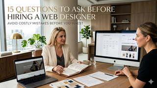 Business owner meeting with a professional web designer to discuss website strategy, SEO, branding, and website design services.
