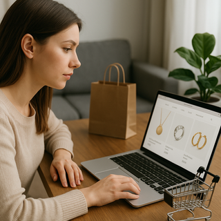 Woman browsing an online jewelry store on a laptop at home with shopping bag and plant on desk, representing online store optimization for better sales in Long Island.