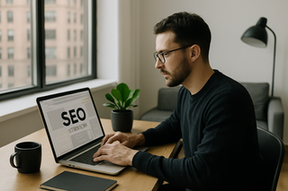 Man working on a laptop with SEO strategy on screen in a New York apartment office, symbolizing how to improve Wix website SEO for businesses in New York.