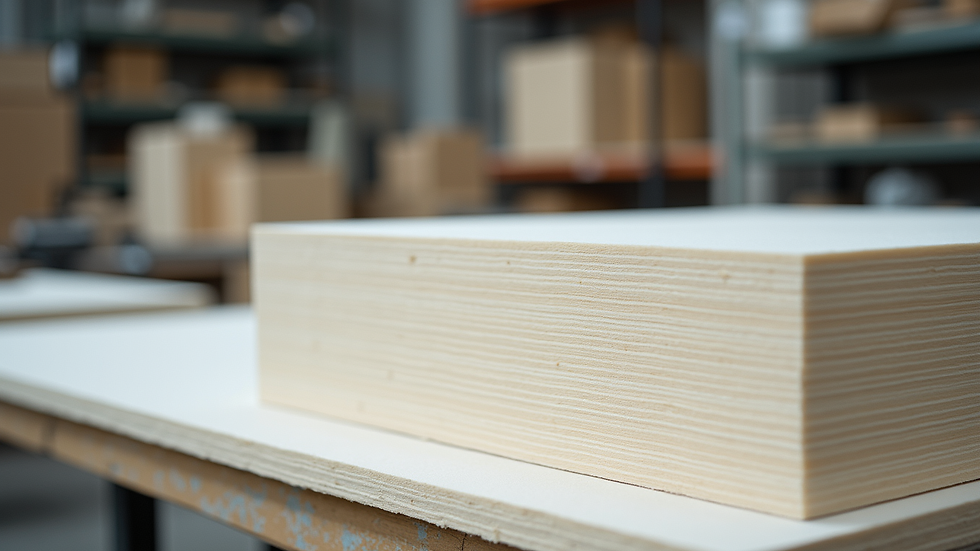 Eye-level view of foam sheets stacked in a workshop ready for cutting