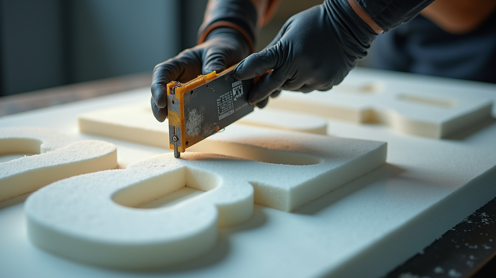 Close-up view of a hot wire foam cutter shaping a large foam letter