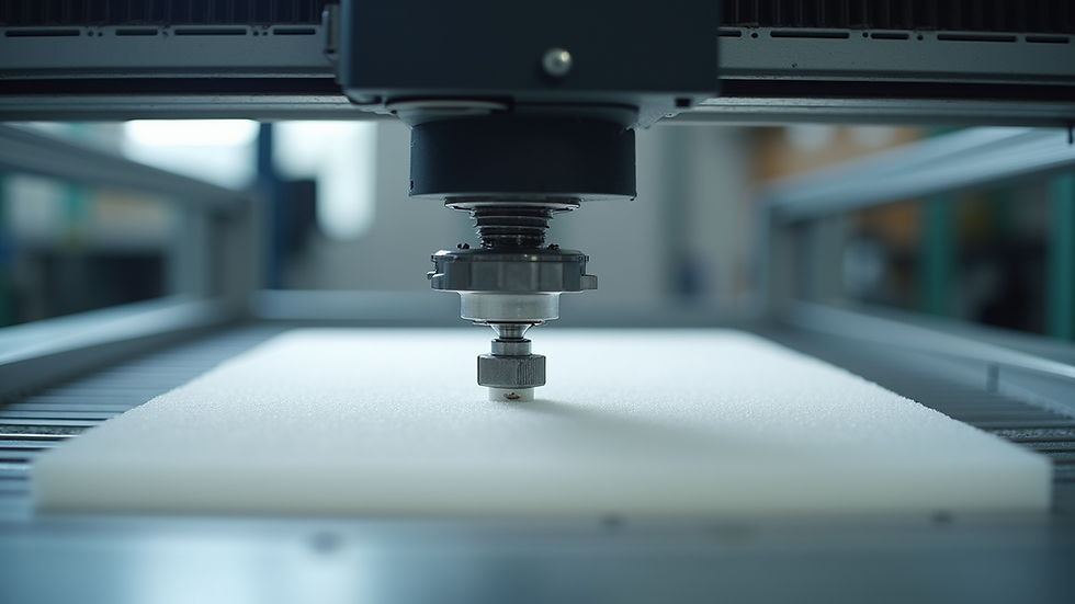 Close-up view of CNC foam cutting machine shaping a foam block