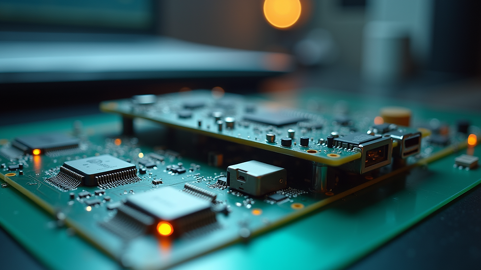Eye-level view of an embedded system prototype on a workbench