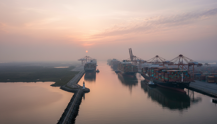Wide-angle view of container ships waiting near a narrow canal channel